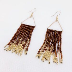 Boho Artisan Yellow Gold Plated Brown & Gold Seed Bead Tassel Earrings!